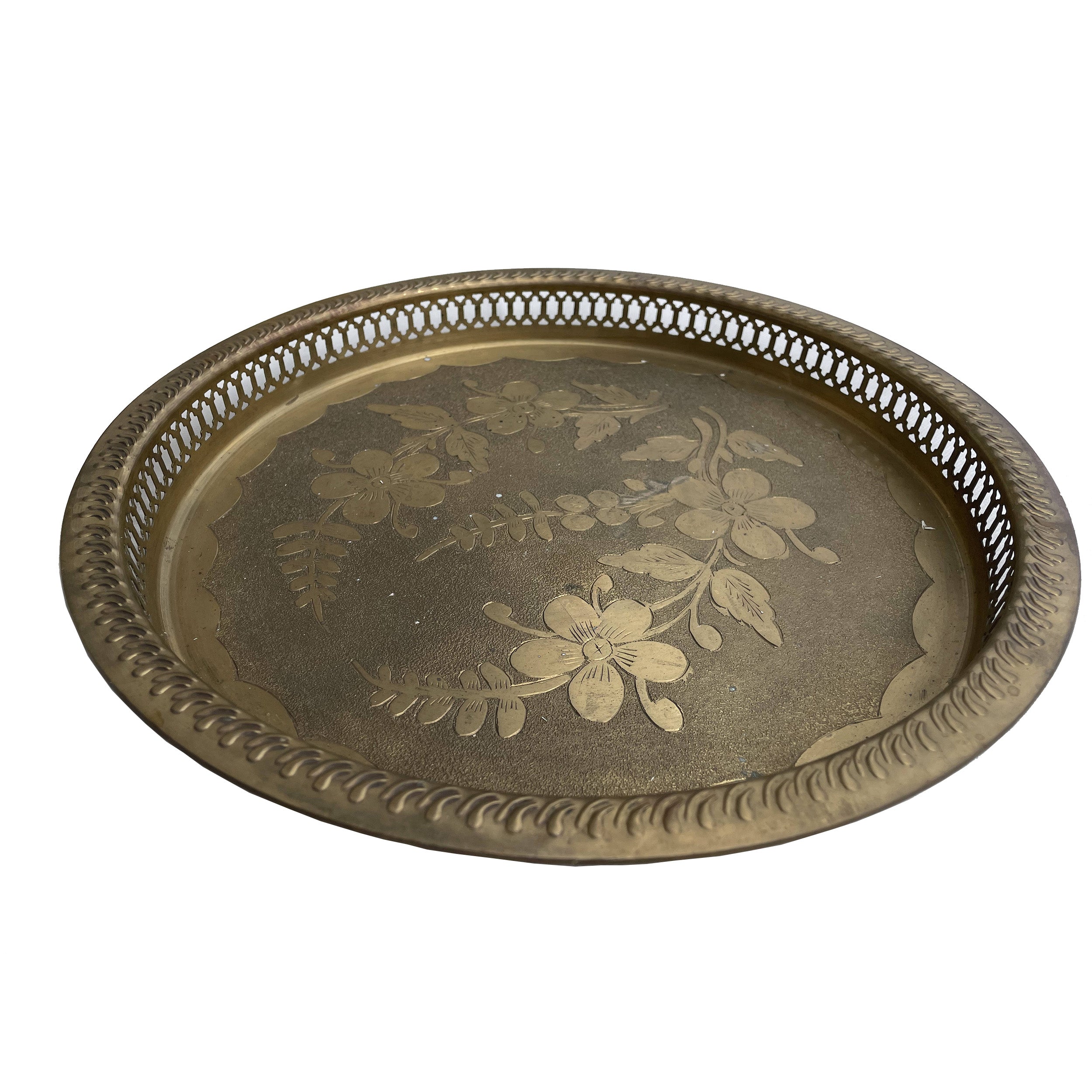 Brass Floral Etched Metal Platter Vintage
