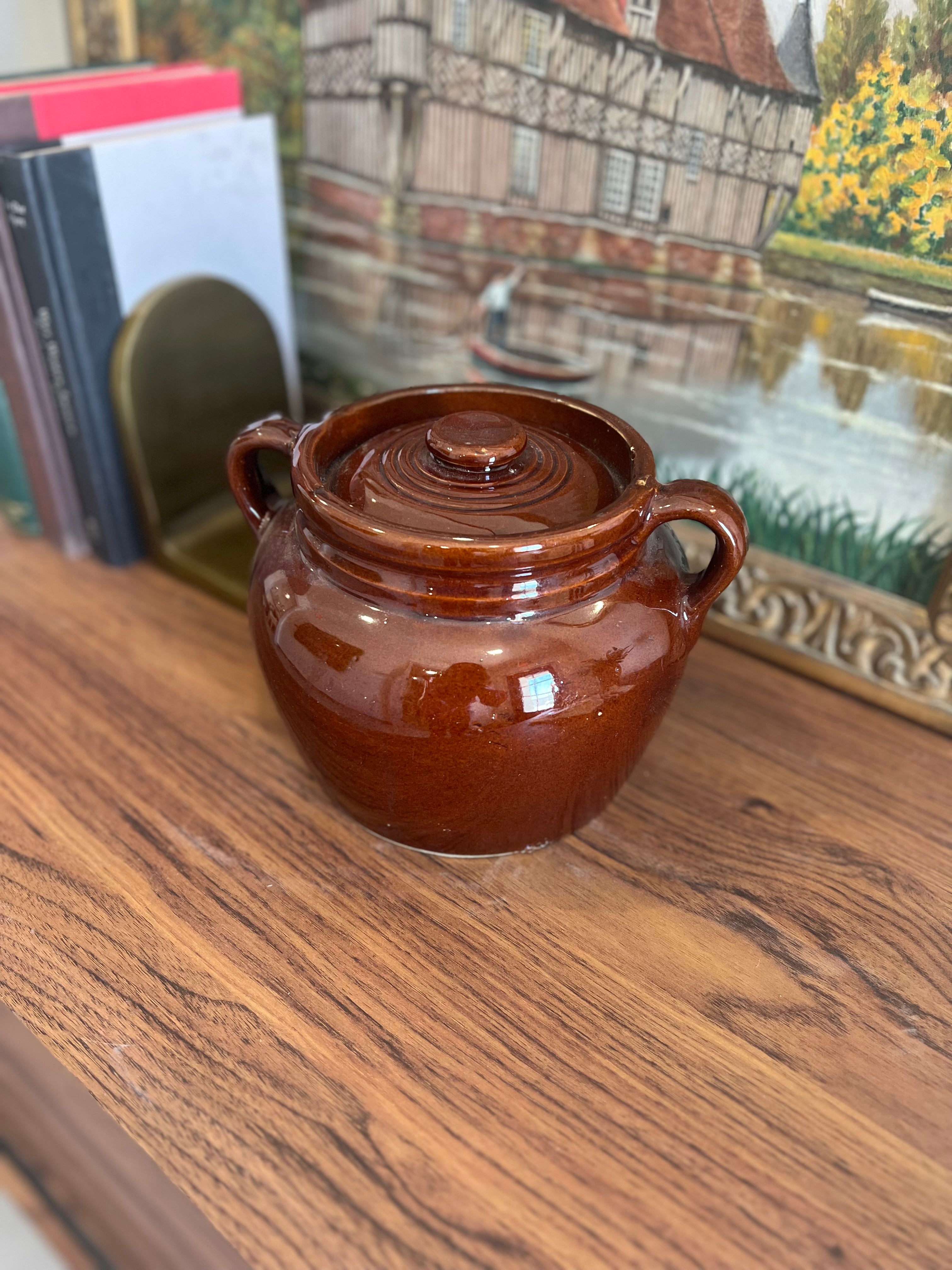 Vintage Stoneware Bean Pot Dark Brown Glazed With Lid 2 Quart