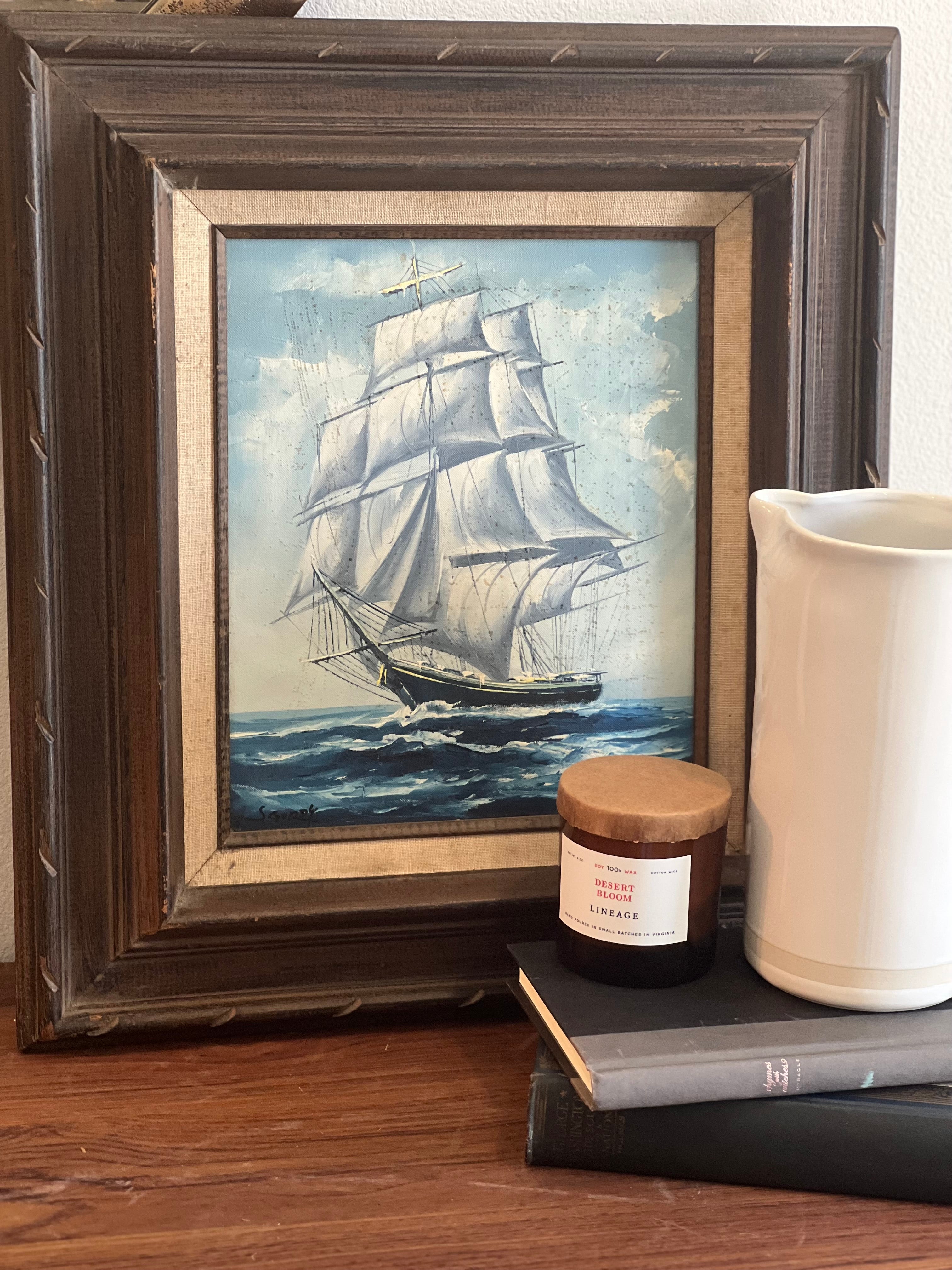 Vintage Wood Framed Ship Painting
