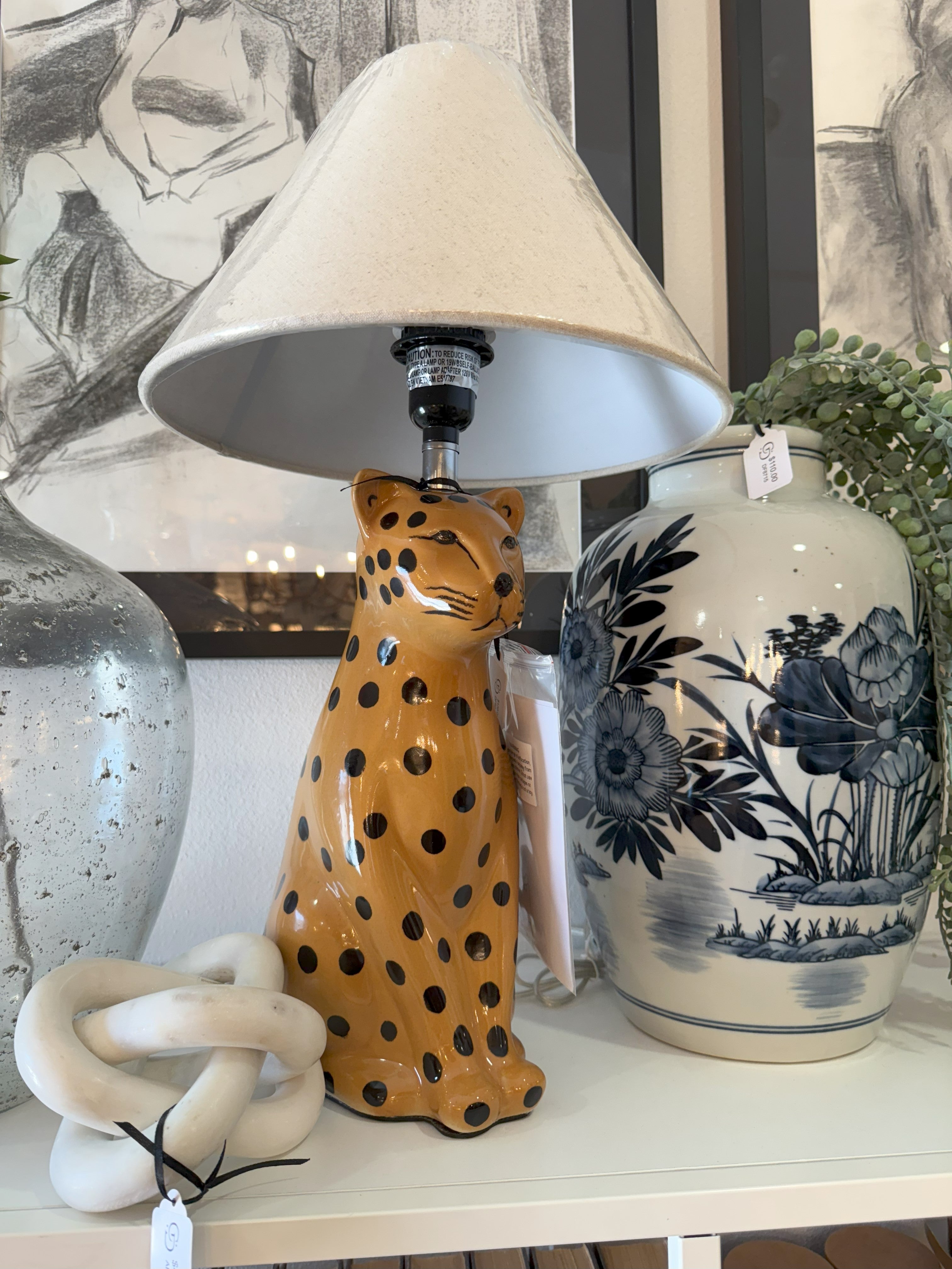 Ceramic Cheetah Table Lamp with Linen Shade