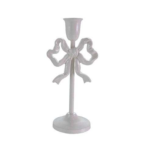 Large White Cast Iron Bow Taper Candle Holder