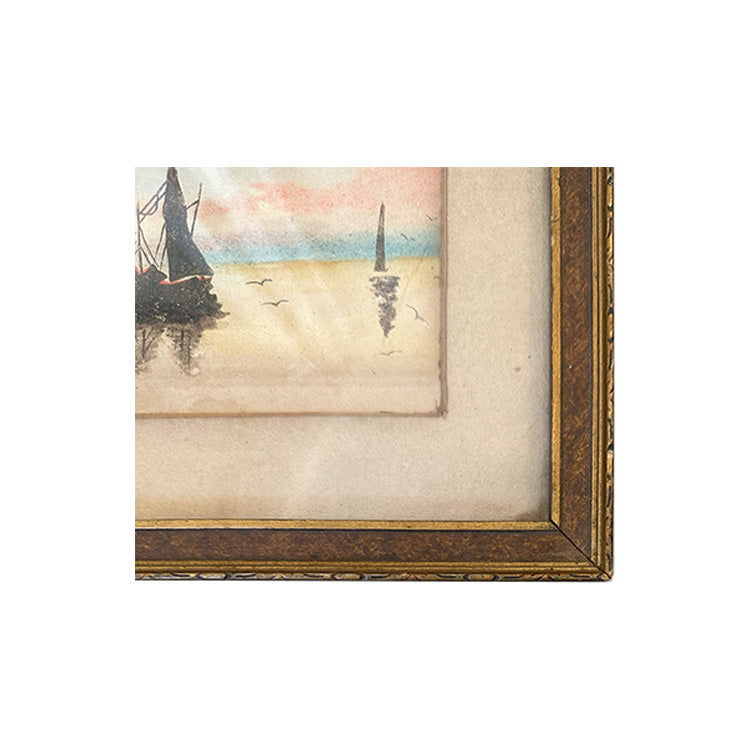 Vintage Gold Framed Ships Watercolor