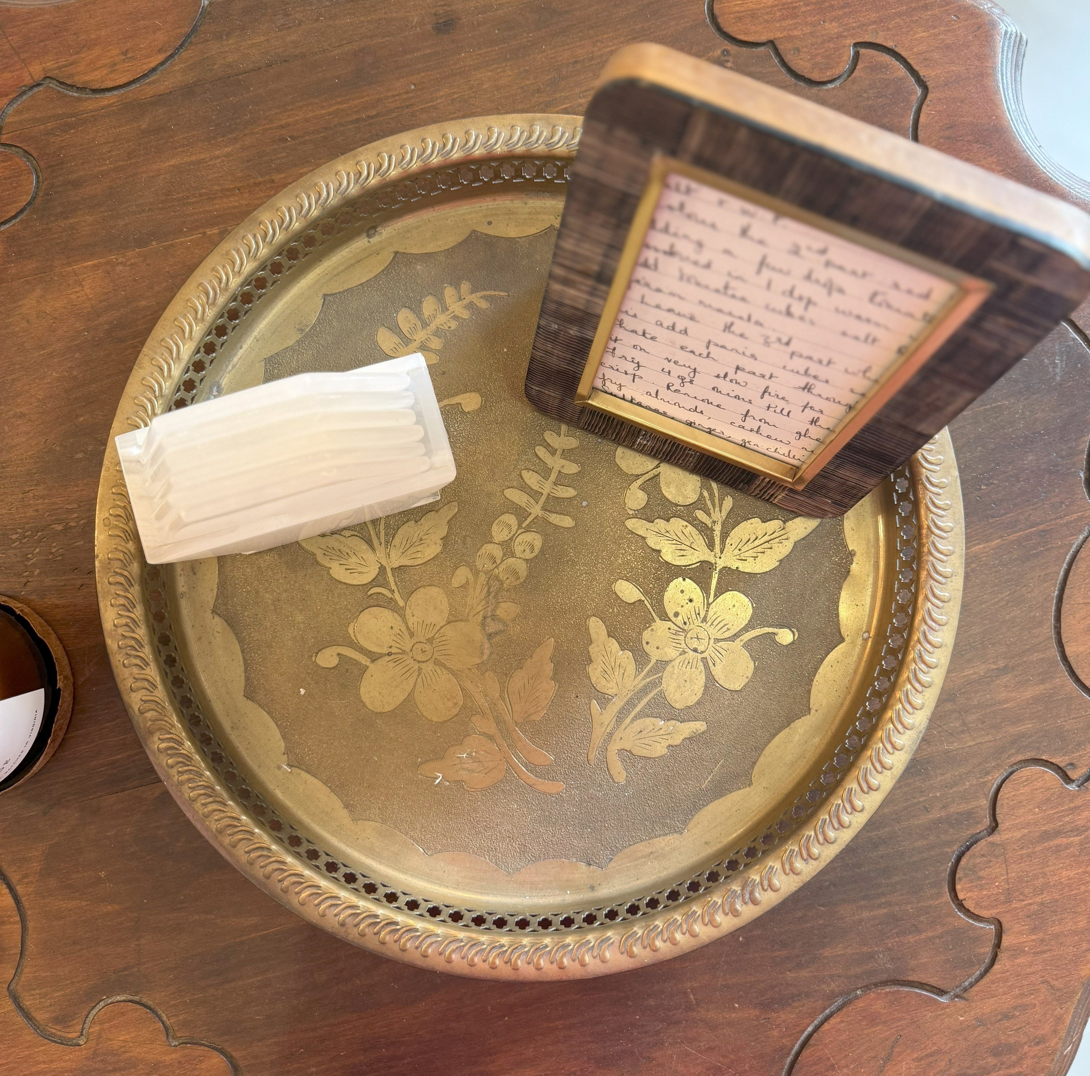 Vintage Brass Floral Etched Metal Platter
