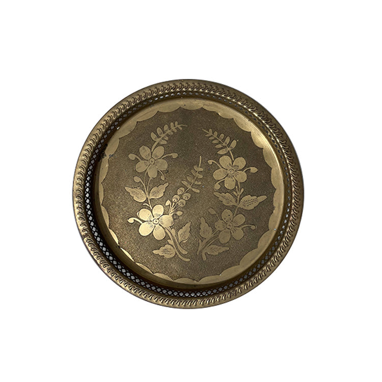 Brass Floral Etched Metal Platter Vintage