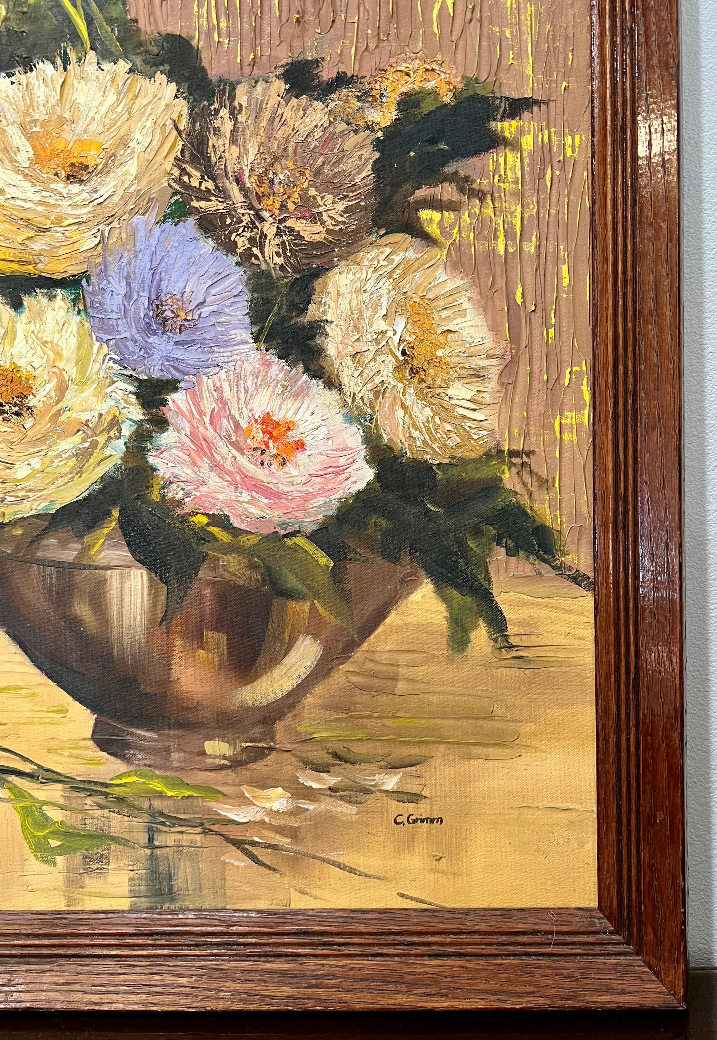 Vintage Floral Painting in Wooden Frame
