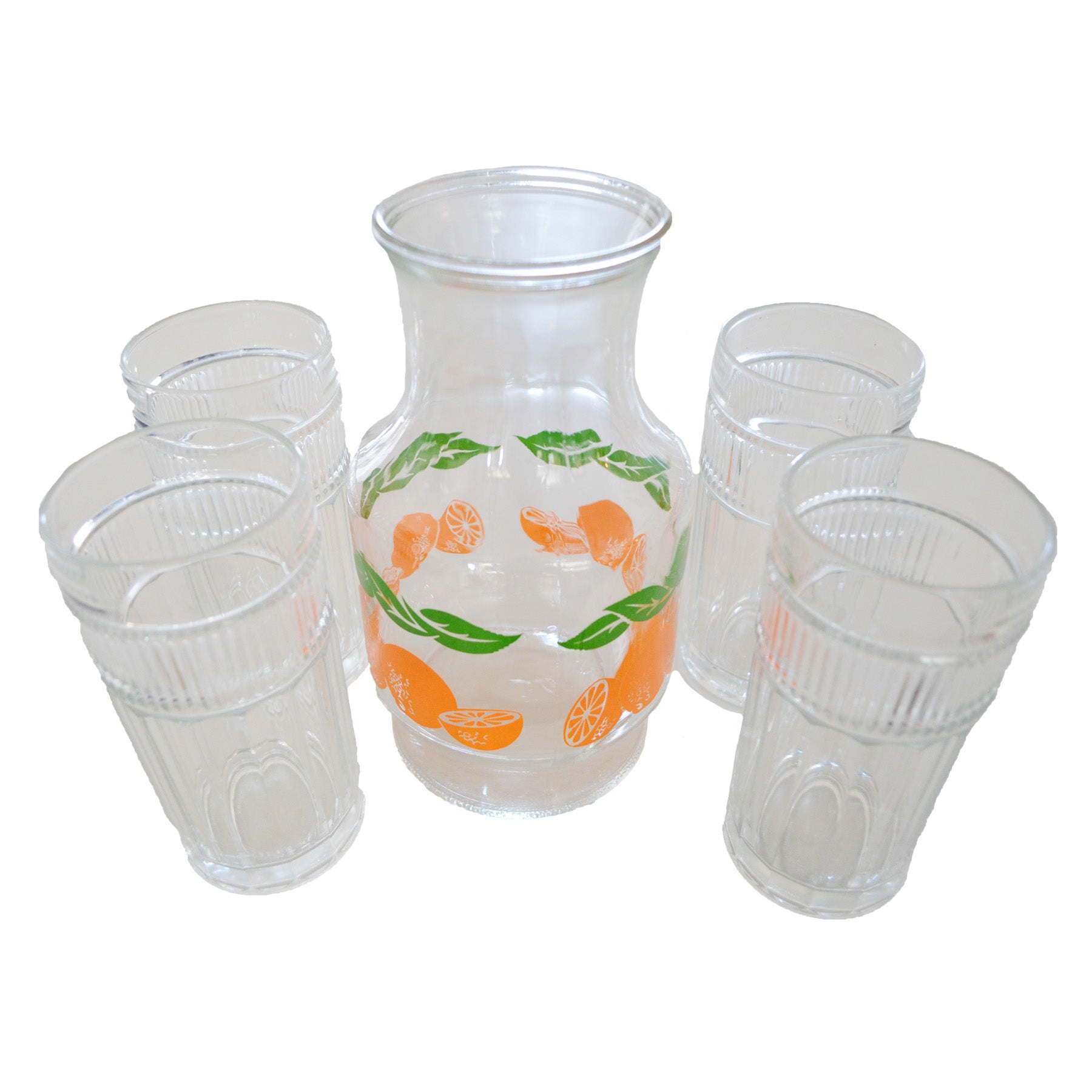 Anchor Hocking Oranges Carafe & 4 Drinking Glasses